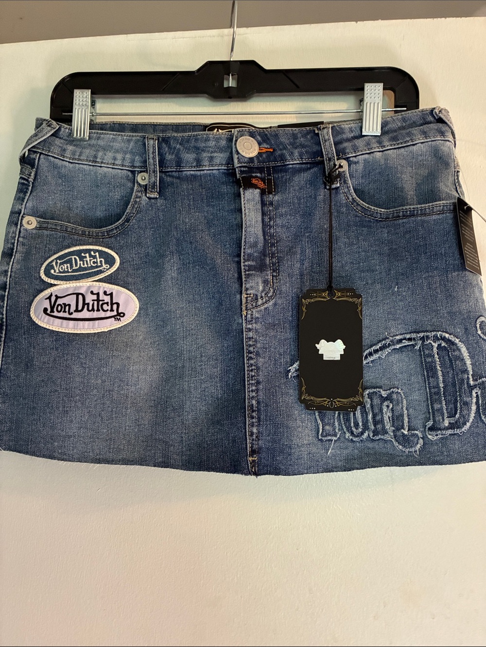 Famous Designer Von Dutch  Blue Denim Mini Skirt with Logo Patches NWT Size 9/2